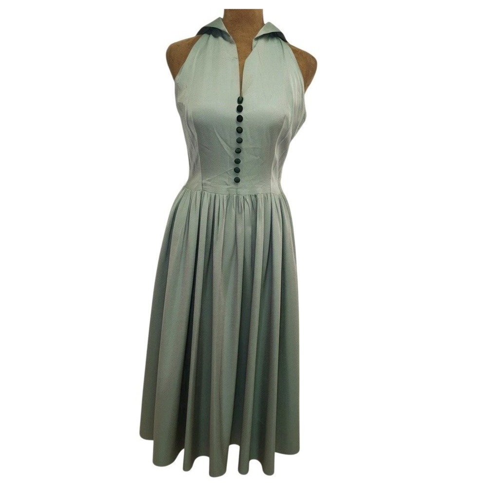 VTG 40s 50s Sage Green Pin Up Rockabilly Halter Swing Dress Side Zip XS